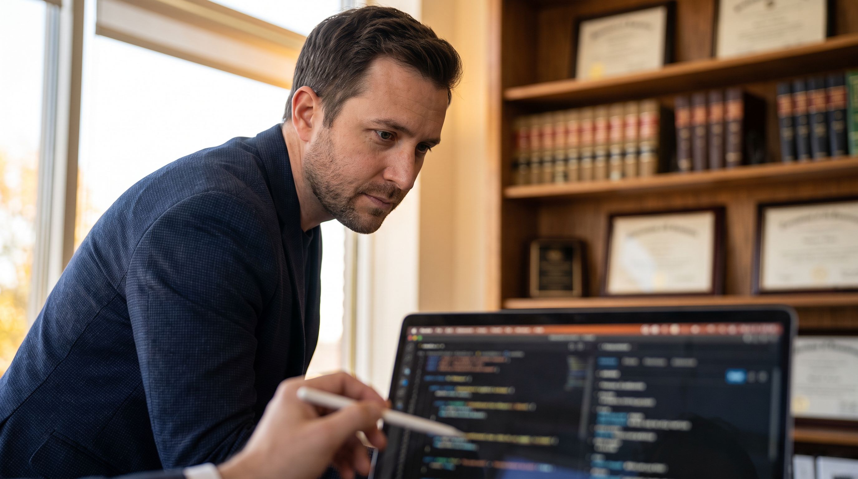 A lawyer working with AI-assisted legal software on a laptop