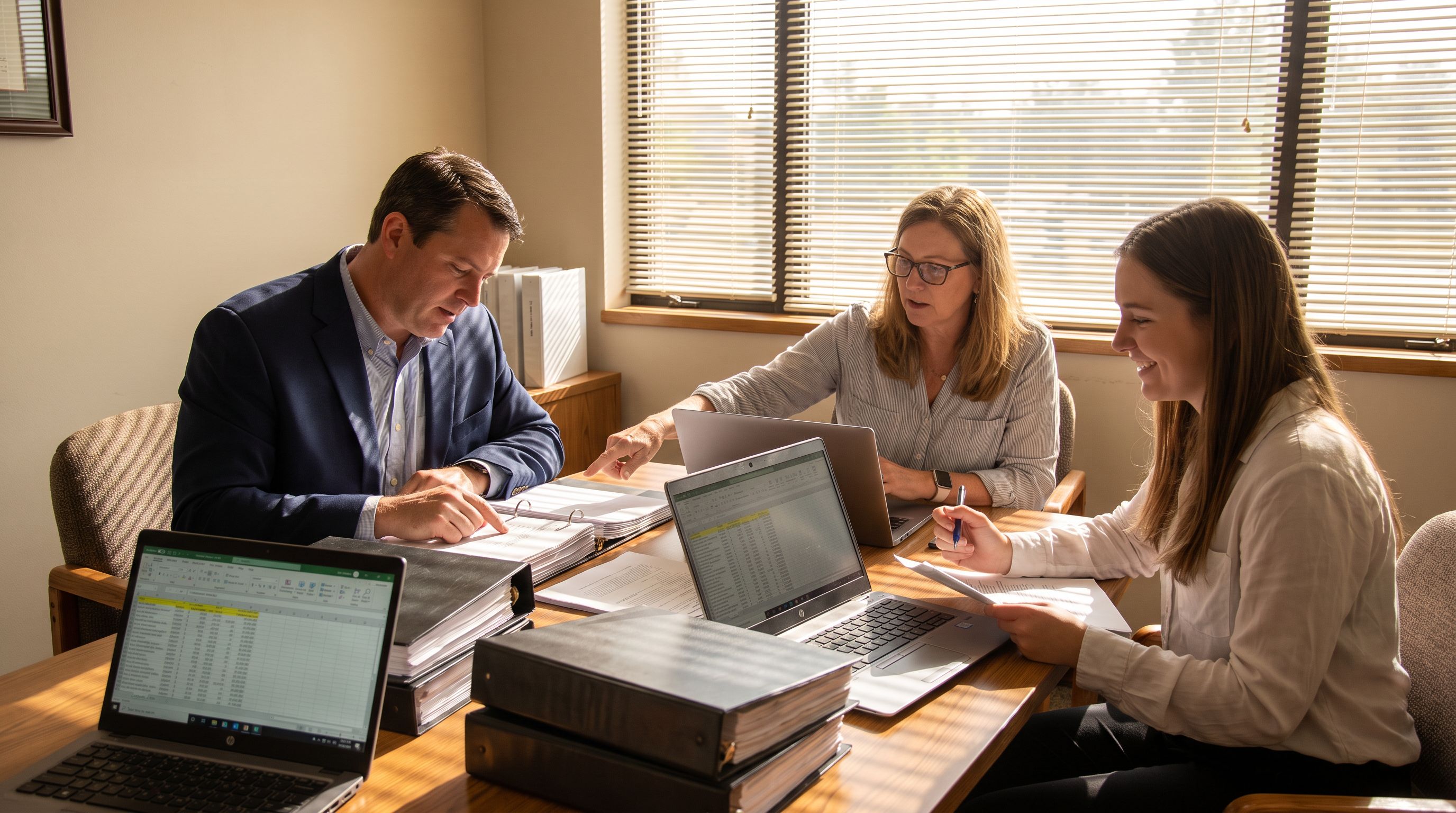 Lawyers and a paralegal comparing lease documents against extracted key terms on a laptop in a small firm conference room