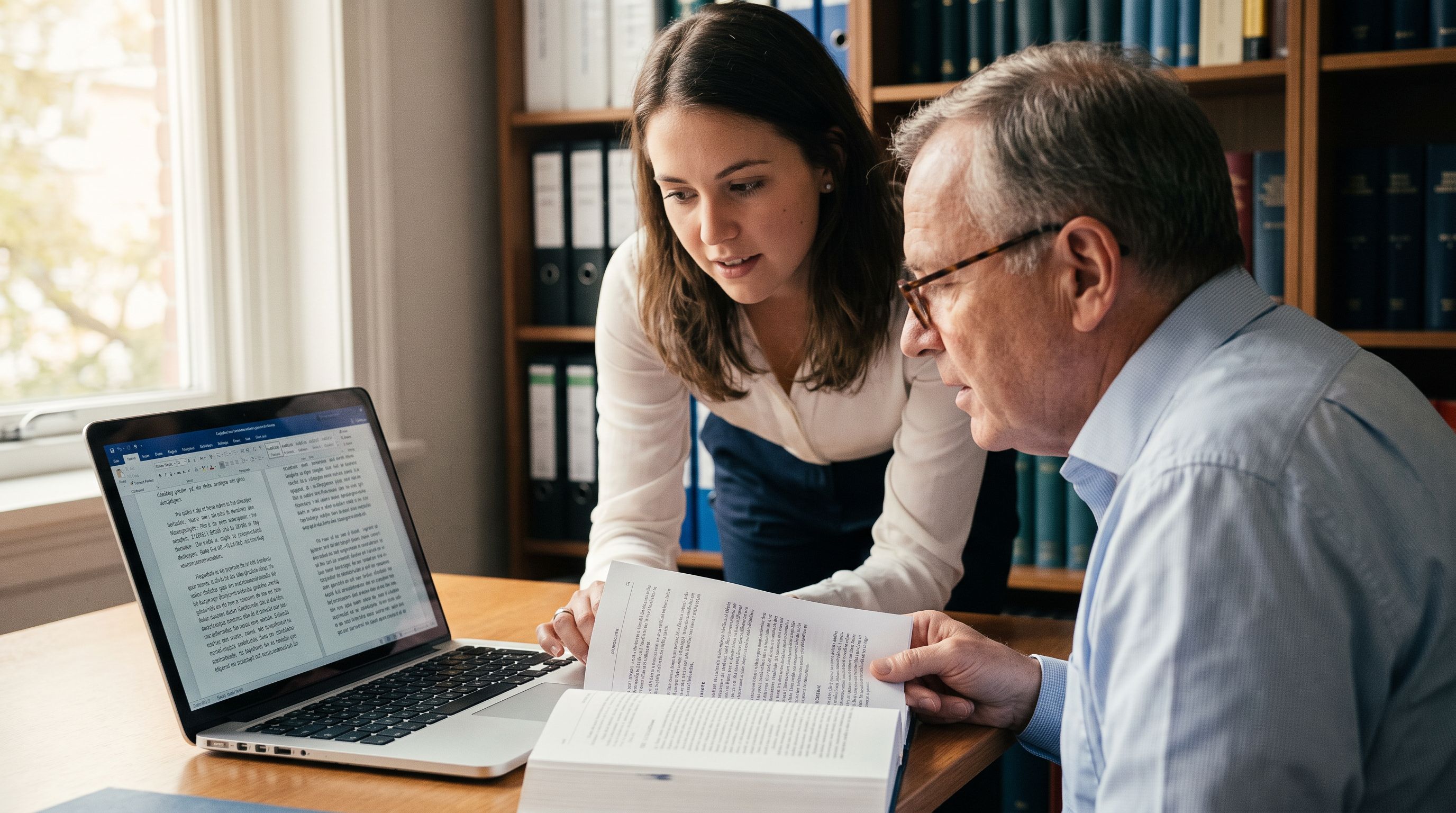 Two legal professionals reviewing a bilingual Spanish-English document on a laptop in a small law firm office