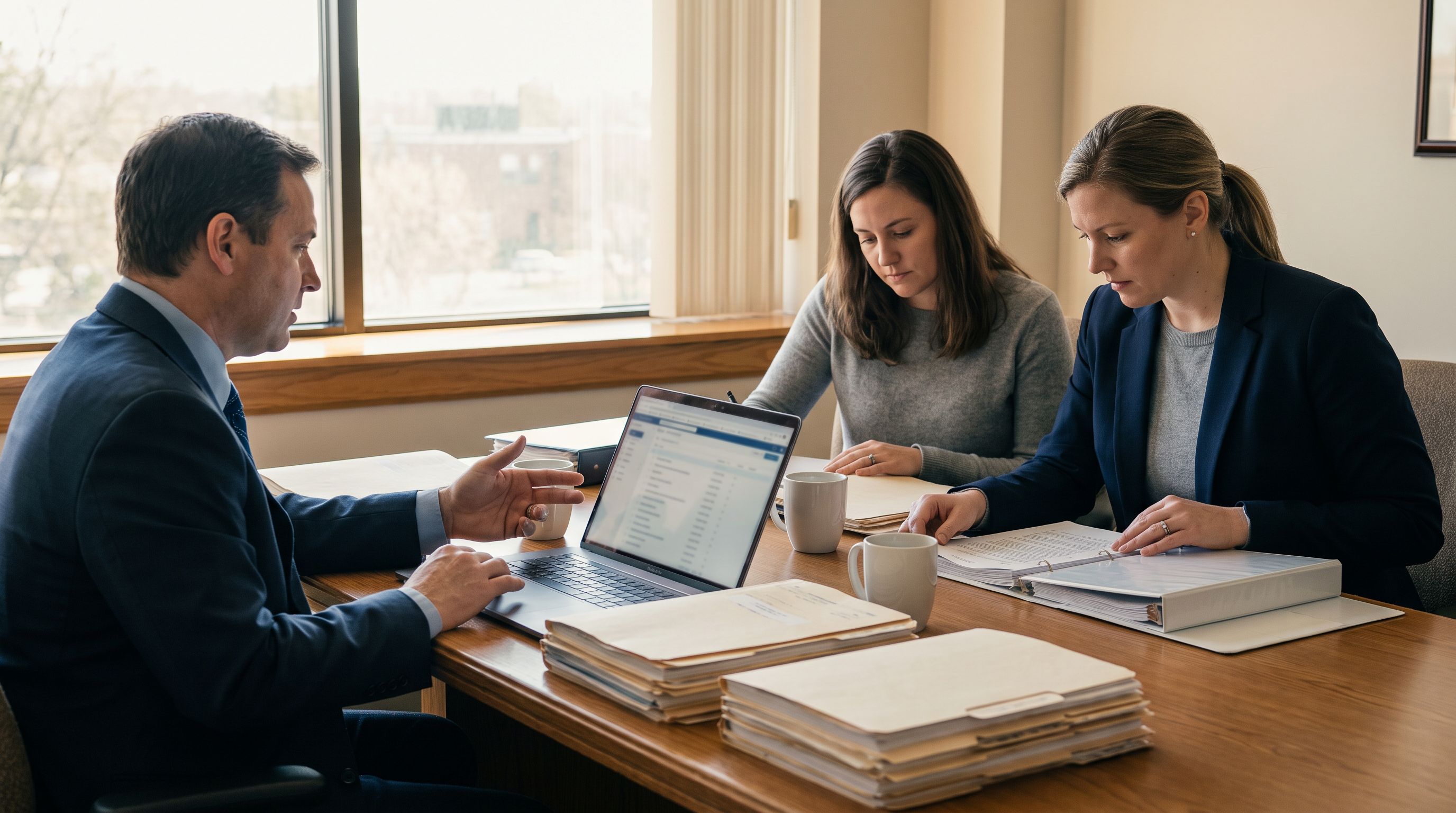 Attorneys and a paralegal reviewing matter files and a laptop in a law firm conference room
