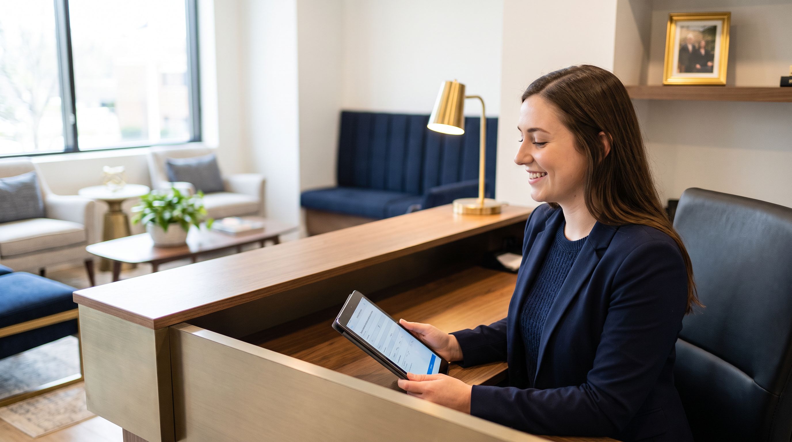 A paralegal reviewing a client intake form on a tablet at a law firm reception desk