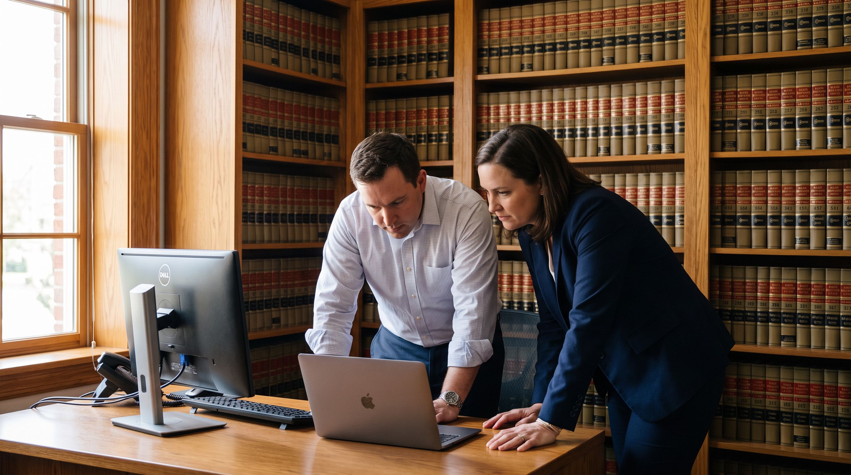 Two lawyers reviewing AI tool settings on a laptop next to a desktop workstation in a law firm office
